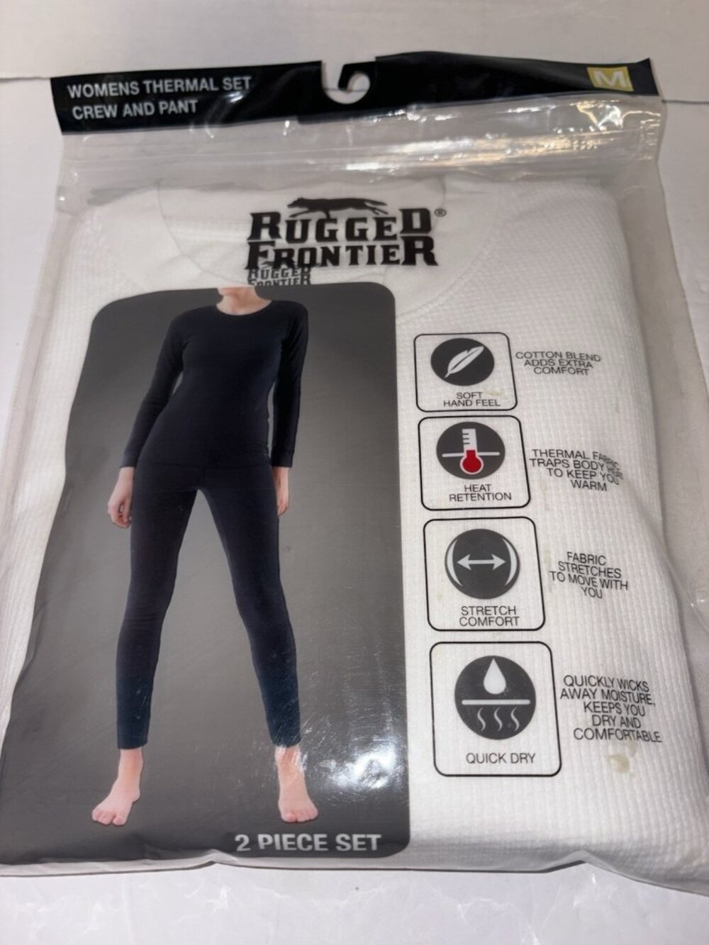 Rugged Frontier Women Medium M Thermal  Layer Set Crew Top & Pant White 2 Piece